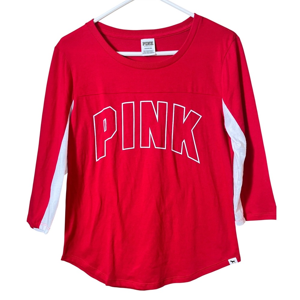 Victorias Secret PINK Red White‎ Varsity 3/4 Sleeve Graphic T-Shirt Small Y2K